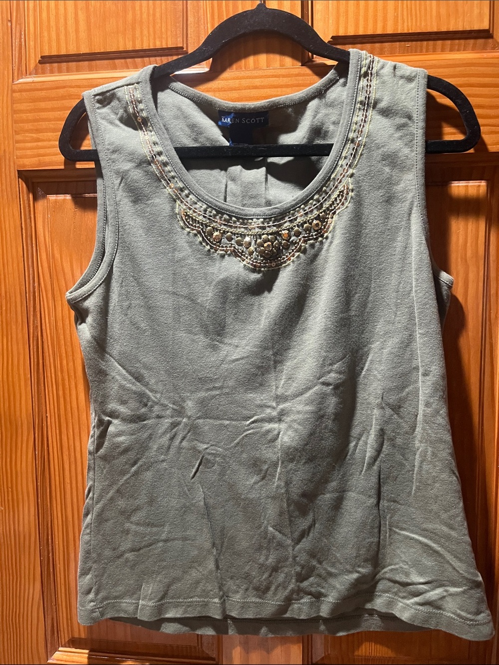 Karen Scott Olive Green Beaded Sleeveless Tank